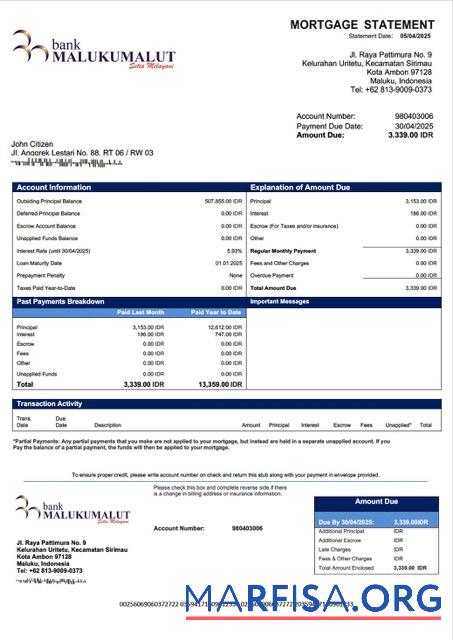 Downloadable Indonesia Bank Maluku Malut mortgage statement Word and PDF template